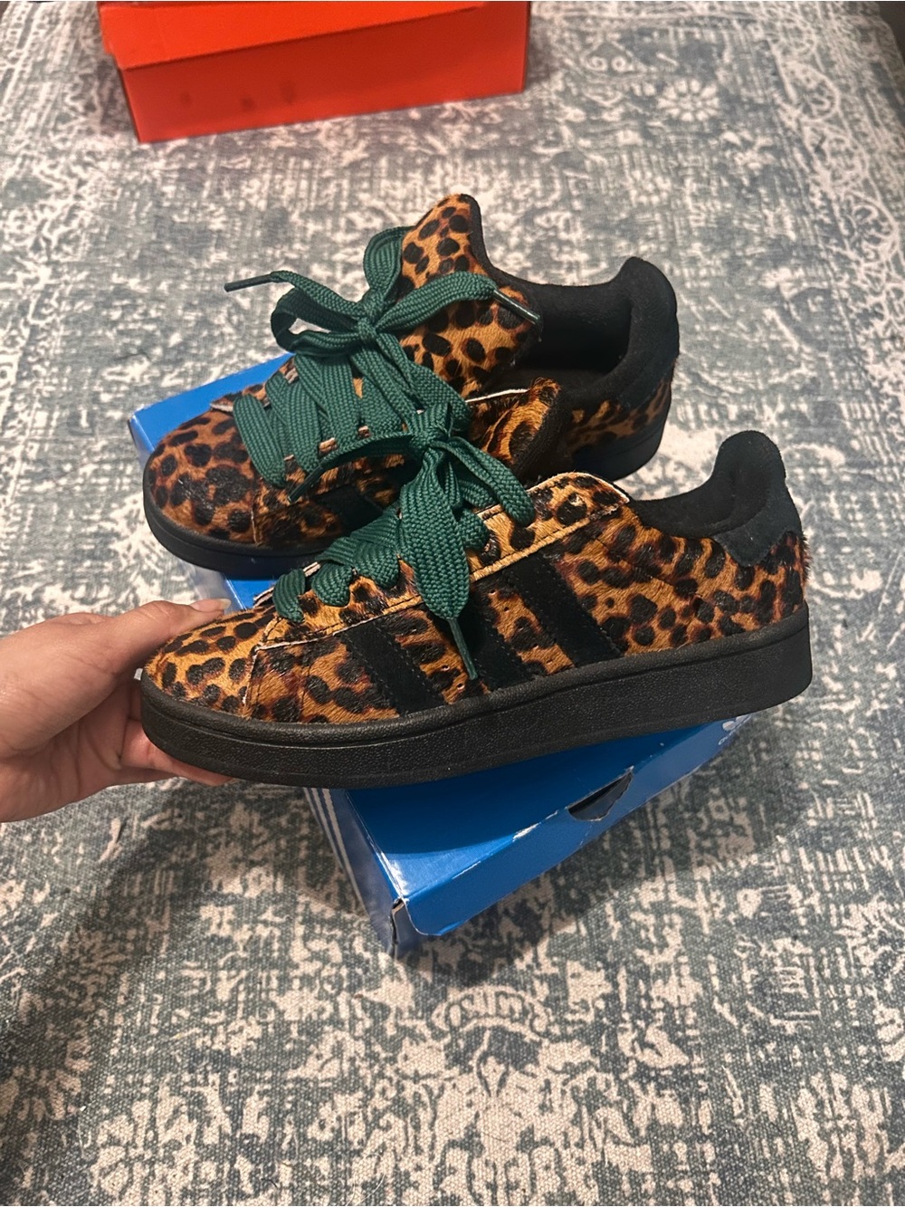 adidas Kids Leopard Print Sneakers with Black Sole and Green Laces